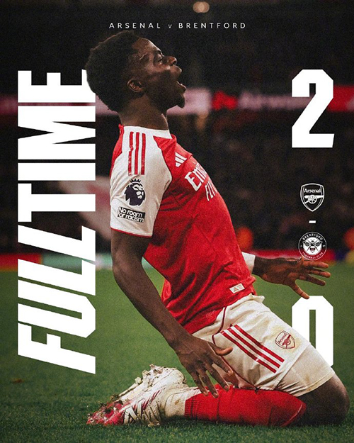 英超-阿森纳2-0布伦特福德 梅里诺传射建功 萨卡破门